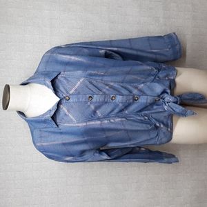 Democracy Blue Plaid Tie-Front Button-Up Blouse